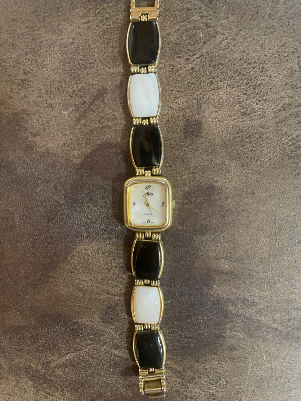 Gold-Tone Black & White Enamel Bracelet Watch - Classic Contrast